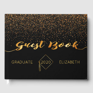 Graduation black gold confetti guest book