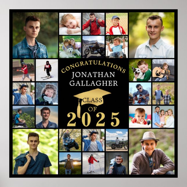 Graduation Black Gold Congrats 28 Photo Collage Poster (Front)