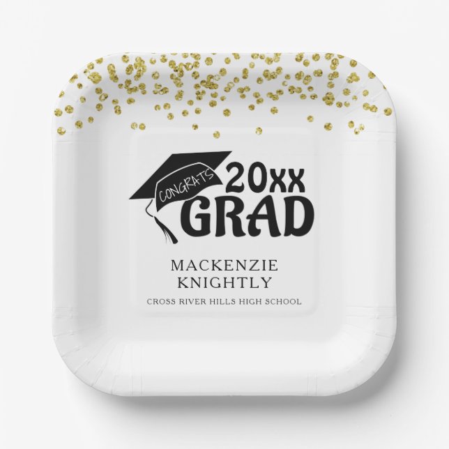 Graduation Black Gold CONGRATS GRAD Confetti Paper Plate (Front)
