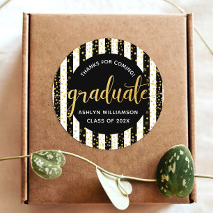 Graduation Black Gold Glitter Confetti Script Name Classic Round Sticker