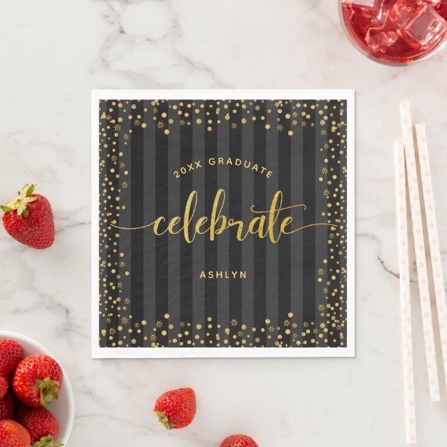 Graduation black gold glitter script stripes name  napkin (Insitu)