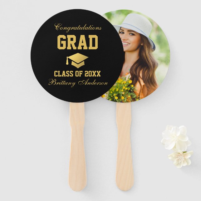 Graduation Black Gold Graduate Photo Hand Fan (Front and Back)