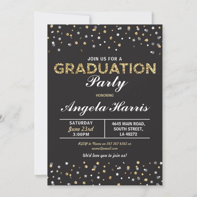 Graduation Black & Gold Invite Stars Confetti (Front)