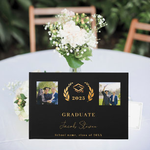 Graduation black gold name script photo guest book