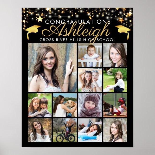 Graduation Black Gold Script 15 Photo Collage Poster (Front)