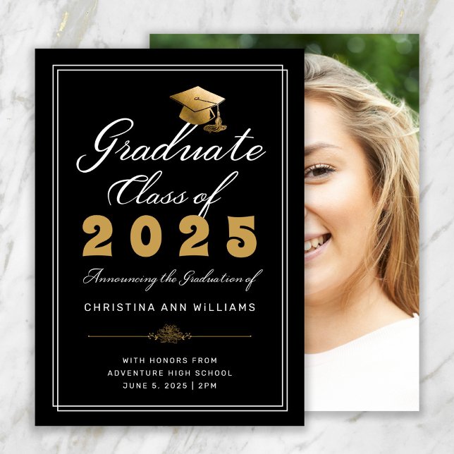 Graduation Black Gold Script Photo Class of 2025 Announcement (Elegant Black with Gold and White Script and Back Photo Graduation Announcement)