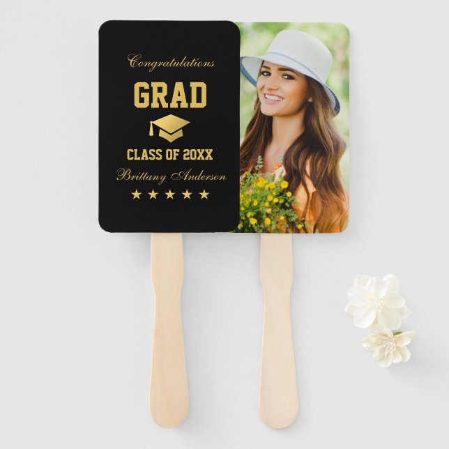 Graduation Black Gold Stars Graduate Photo Long Hand Fan (Front and Back)