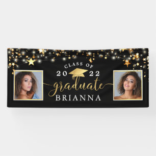 Graduation Black Gold Stars Lights Confetti Photo Banner