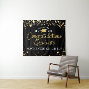 Graduation Black Gold Stars Lights Confetti Script Tapestry