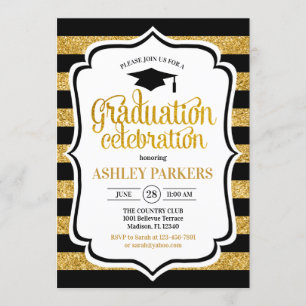 Graduation - Black Gold Stripes Invitation