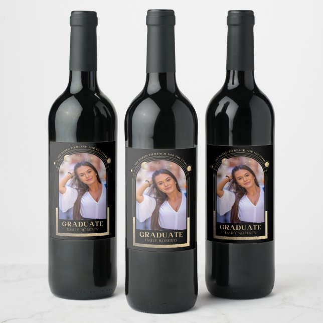 Graduation Black Gold Sun Moon Stars Grad Photo Wine Label (Bottles)