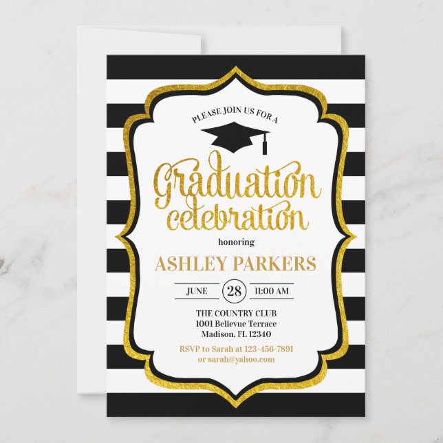 Graduation - Black Gold White Invitation (Front)