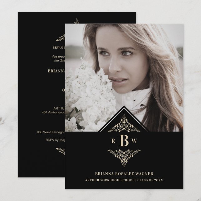 Graduation Black Golden Chic Lace Romantic Photo Invitation (Front/Back)