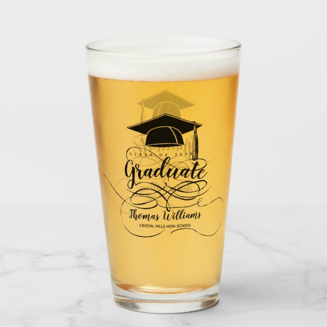 Graduation Black Grad Cap Monogram Name Glass (Front Filled)