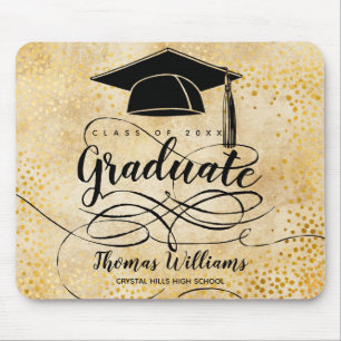 Graduation Black Grad Cap Script Gold Mouse Mat