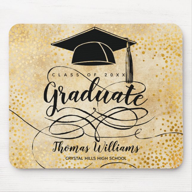 Graduation Black Grad Cap Script Gold Mouse Mat (Front)
