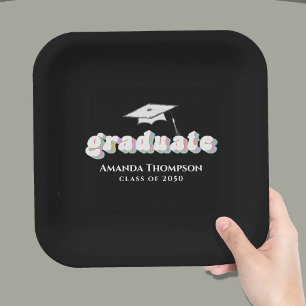 Graduation Black Graduate Retro Typography Simple Paper Plate