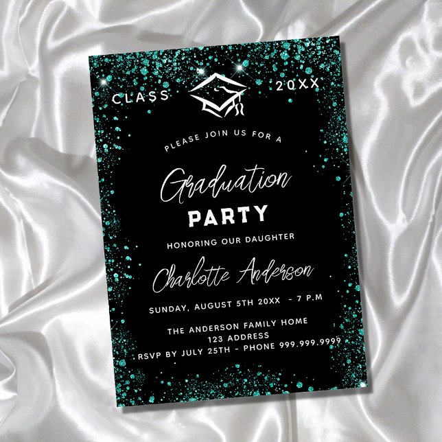 Graduation black green teal glitter luxury invitation (Creator Uploaded)