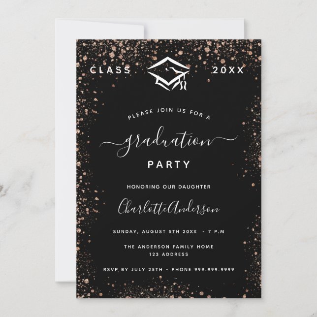 Graduation black rose gold sparkles invitation (Front)
