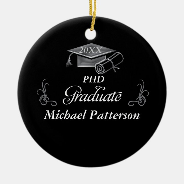 Graduation Black & Silver 3D Look, Cap & Diploma Ceramic Tree Decoration (Front)