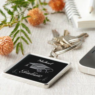 Graduation Black & Silver, Cap & Diploma Key Ring
