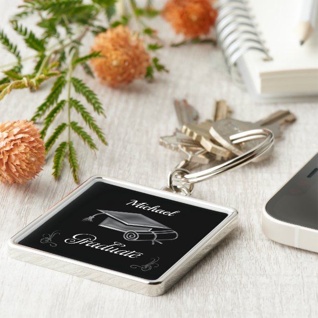 Graduation Black & Silver, Cap & Diploma Key Ring (Side)