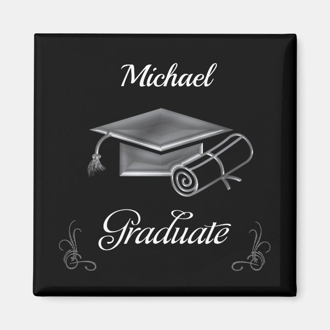 Graduation Black & Silver, Cap & Diploma Magnet (Front)