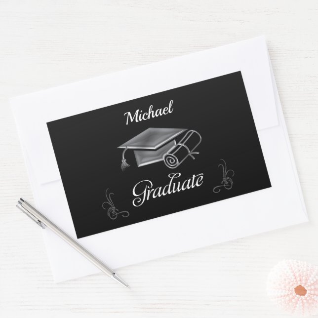 Graduation Black & Silver, Cap & Diploma Rectangular Sticker (Envelope)
