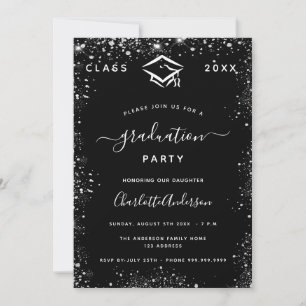 Graduation black silver glitter dust modern invitation