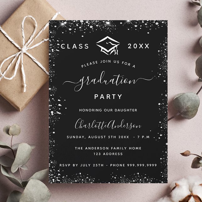 Graduation black silver glitter glamorous invitation postcard (Creator Uploaded)