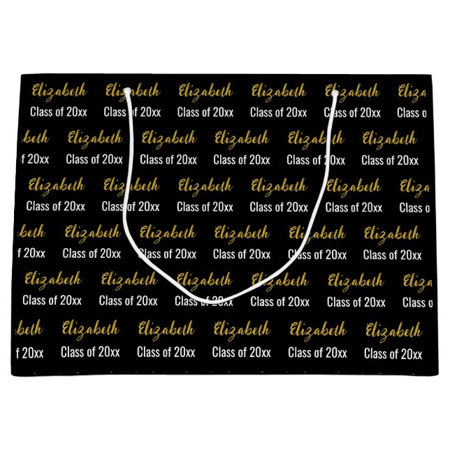 Graduation Black White and Gold Graduate Name Large Gift Bag (Front)