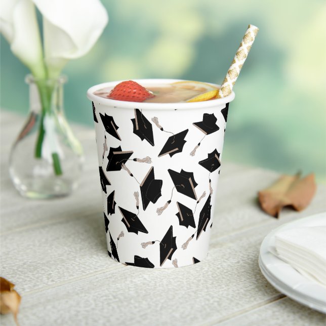 Graduation Black White Caps Party Supplies Paper Cups (Insitu)