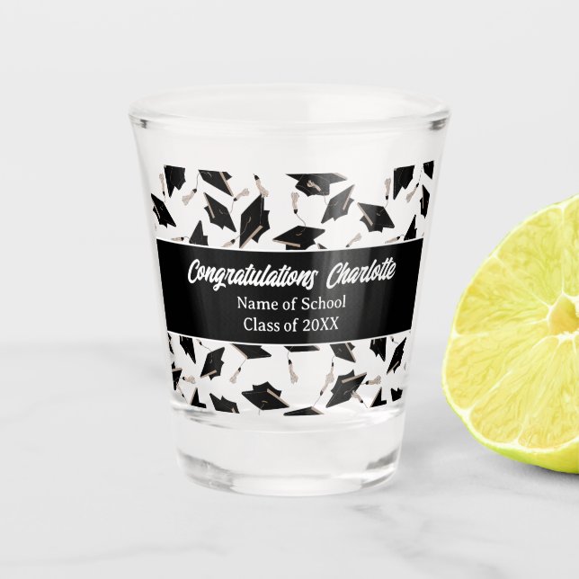 Graduation Black White Caps Personalised Shot Glass (Front)