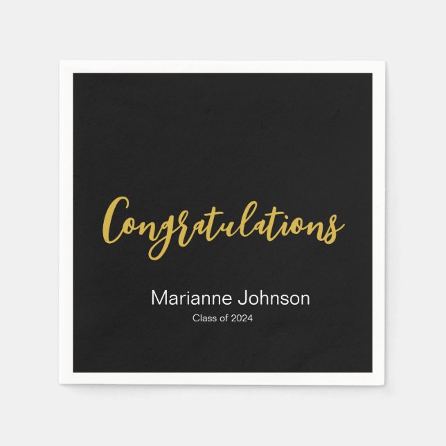 Graduation Black White Gold Congratulations Name Napkin (Front)