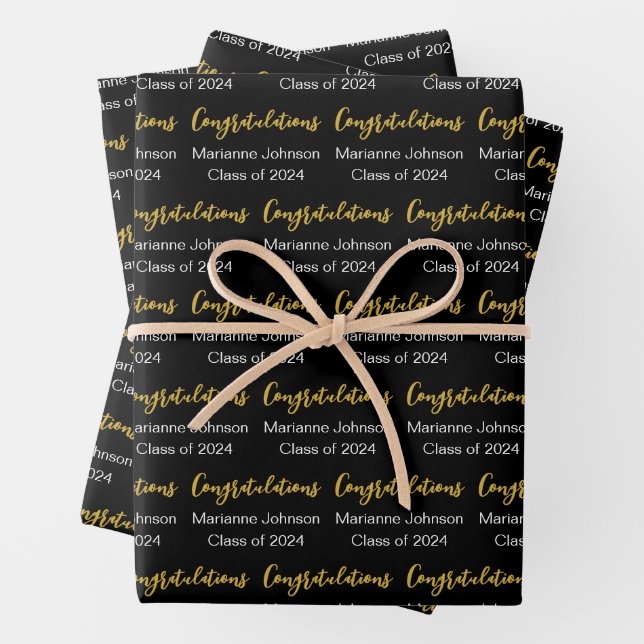 Graduation Black White Gold Congratulations Name Wrapping Paper Sheet (In situ)