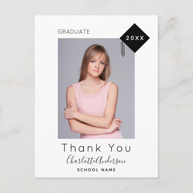 Graduation black white modern photo thank you postcard (Front)