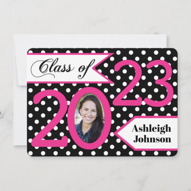 Graduation | Black White Pink | Polka Dot | Photo Invitation (Front)