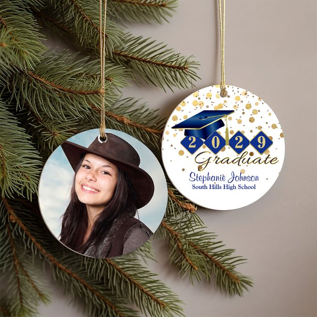 Graduation Blue and Gold 20xx Photo Ceramic Tree Decoration (Graduation Blue and Gold Photo Ceramic Ornament)