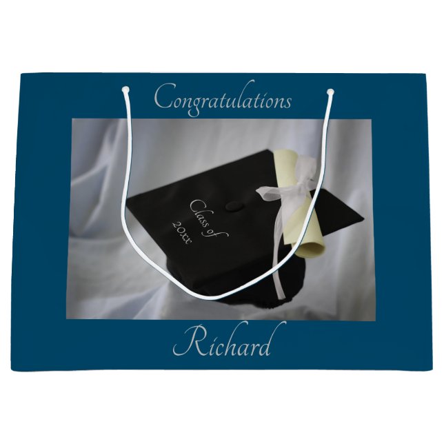 Graduation Blue Cap & Diploma Personalised Large Gift Bag (Front)