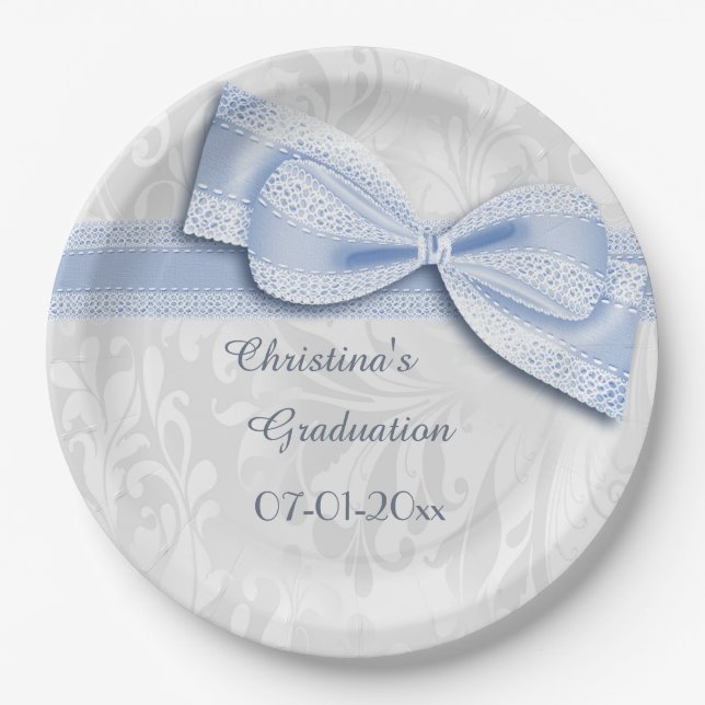 Graduation Blue Damask and Faux Bow Paper Plate (Front)