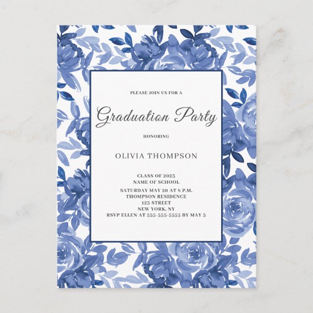 Graduation Blue Floral Party  Invitation Postcard (Front)