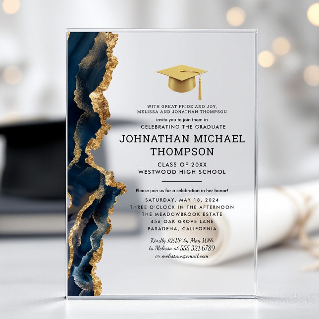 Graduation Blue Gold Agate Graduation Acrylic Invitations (Creator Uploaded)