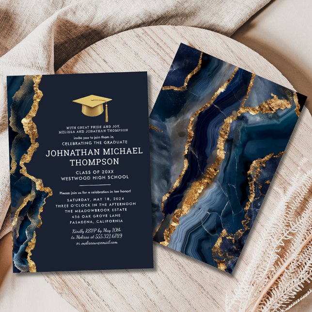 Graduation Blue Gold Agate Graduation Invitation (Creator Uploaded)
