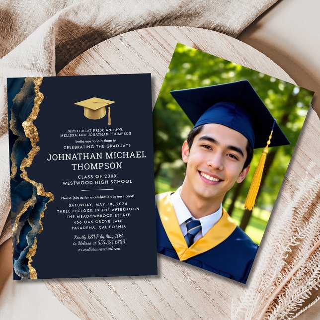 Graduation Blue Gold Agate Graduation Photo Invitation (Creator Uploaded)
