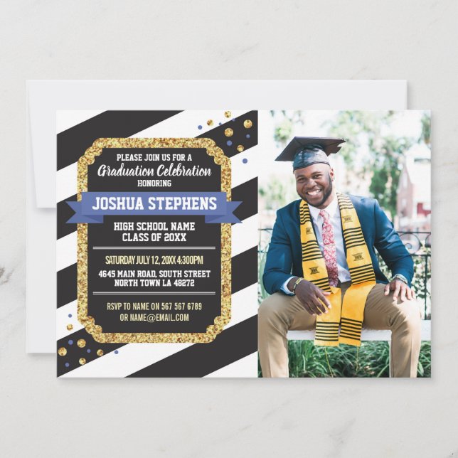 Graduation Blue Gold Photo Stripe Glitter Invite (Front)