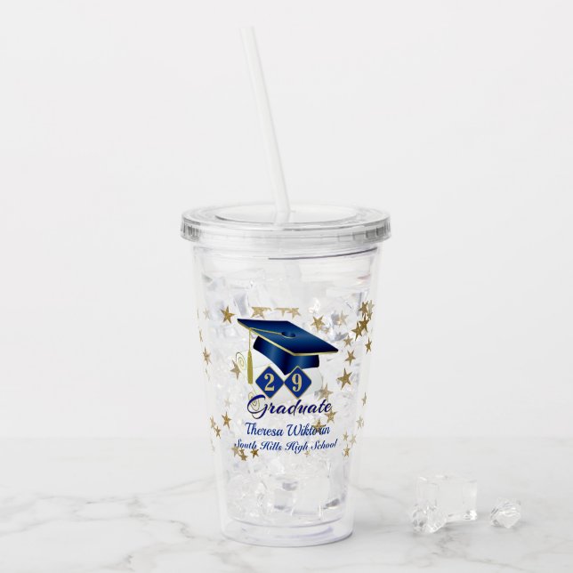 Graduation Blue Gold Stars Personalised Acrylic Tumbler (Front Ice)