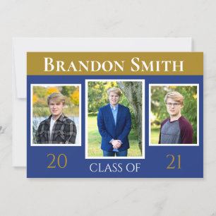 Graduation Blue Gold Three Photo Front Invitation