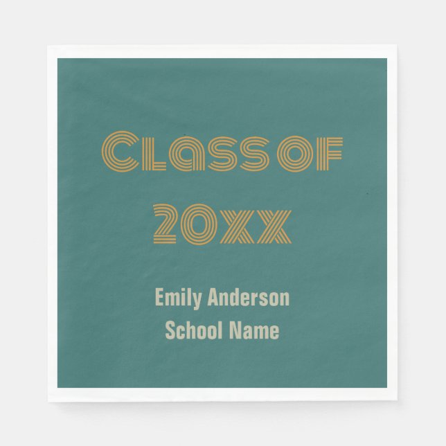 Graduation Blue-Green Orange Grad and School Name Napkin (Front)