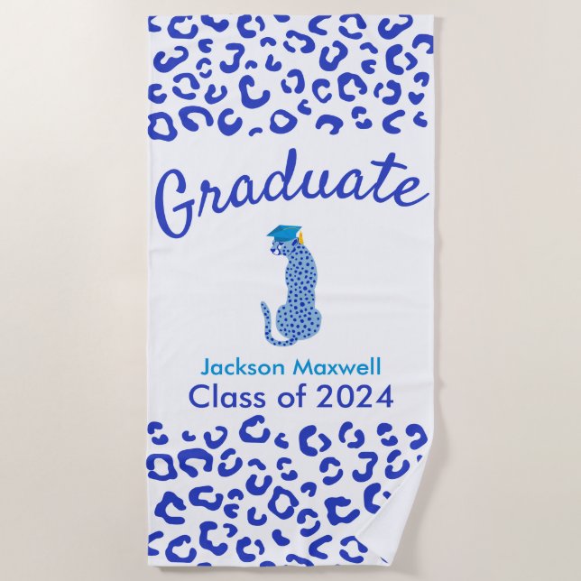 Graduation Blue Leopard Beach Towel (Front)