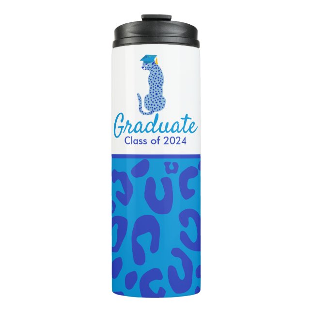 Graduation Blue Leopard wearing cap  Thermal Tumbler (Front)